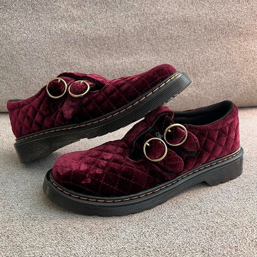 dr. martens quilted cherry red burgundy velvet mary jane shoes with gold buckles